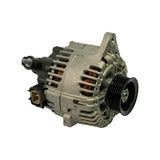 Front-right three-quarter view showing 6-groove pulley at right, exposed stator windings, tan 2-pin connector at lower centre-left, threaded output stud at top left, and lower mounting foot.