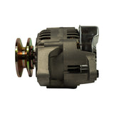 Profile view from drive-end side showing single-groove V-pulley and full depth of cast aluminium housing; rear cover with regulator and 3-pin connector plug visible at right; copper brush holder cover on upper rear; B+ stud with nut at lower rear.