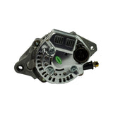Slip-ring end face view showing silver polished rear cover plate with three-pin Sumitomo-style oval connector (L/Ig/S terminals) at upper right, green 'PASSED' QC sticker at centre, three Phillips screws securing rear cover, and small black rubber-tipped B+ stud at lower right; twin mounting ears (pivot holes) visible at sides.