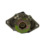 Head-on drive-end view showing full face of single V-groove pulley; shaft centre visible; twin mounting ears at 9 o'clock and 3 o'clock positions; stator laminations and copper windings visible through ventilation slots around perimeter; green QC sticker partly visible at rear.