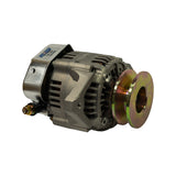 Three-quarter rear-left view showing UNIPOINT label ('ALT-5094 / 12V 60A / UNI1005') on regulator housing; copper B+ stud at lower left with nut; pulley at right with large zinc-plated hub face; twin mounting ears visible; unit appears clean and unused.