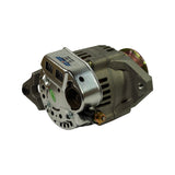 Three-quarter rear-right view with UNIPOINT label facing camera (text now upside-down reading 'ALT-5094 / 12V 60A / UNI1005'); green 'PASSED' QC sticker on slip-ring end cover; three-pin oval connector at upper left; B+ stud with nut at lower right; full housing profile shows neat factory finish with no damage.