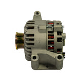 Right-side profile of alternator, pulley at left. Unipoint label partially visible on body. Two lower mounting lugs and terminal connector housing at rear clearly shown. Copper windings visible through vents. No wear or damage present.