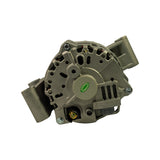 Rear/slip-ring end of alternator. Open rear housing showing rotor, regulator, and rectifier assembly with red diode leads. Green 'PASSED' quality control sticker affixed centrally to rear housing. Single B+ terminal stud and plug connector visible at lower rear. Unused condition confirmed.