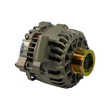 3/4 front-right angle showing Unipoint label (ALT-1608 / 12V 105A / UNI1003) and rear terminal connector. Gold-zinc pulley at right. All four mounting lugs visible. No damage or wear.