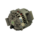 3/4 rear-right angle showing rear face, green 'PASSED' sticker, Unipoint label, B+ terminal stud with gold nut, and multi-pin plug connector. Rectifier and regulator assembly visible through rear housing openings.