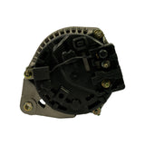 Rear view (regulator end) showing full black plastic end cover with integrated multi-pin connector block and slip ring brush housing. Two mounting lug bolts visible. Stator vents around perimeter. No visible markings from this angle.