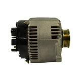 Opposite side (non-pulley, non-label) view showing terminal side: two stub terminals protruding from black regulator block, additional slip ring stud, stator housing vents with copper windings visible. 6-groove poly-V pulley at right.