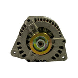Pulley-end face-on view showing 6-groove poly-V pulley with gold-plated hub and hex retaining nut. Internal cooling fan visible through housing apertures. Three mounting ears/tabs visible on cast housing.