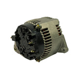 Three-quarter rear/side view showing regulator module, brush/slip ring terminal arrangement, and cast aluminium stator housing with vent slots. Pulley partially visible at far right.