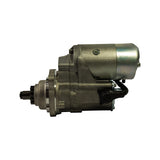 Same starter motor from opposite side, showing solenoid plunger, motor body with aluminium casting, and 13-tooth pinion gear in full profile.