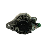 Rear-face view showing the brush/regulator end: louvred rear casting, transparent regulator cover, green 2-pin plug connector, main B+ terminal with copper banjo fitting, and single adjusting-arm lug.