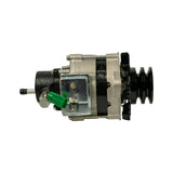 Side elevation showing the green 2-pin regulator plug, transparent voltage regulator cover with internal components visible, B+ stud connection with banjo nut, fan, and pulley.