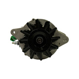 Pulley-end face-on view showing the double-groove V-pulley and the large black cast brake vacuum pump housing centred on the shaft, surrounded by the cooling fan blades and silver alloy front bracket with mounting holes.