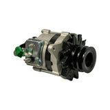 Three-quarter rear-left view showing the rear regulator housing, green 2-pin plug, transparent cover, main terminal stud, single adjusting arm lug, and double-groove pulley on the opposite end.