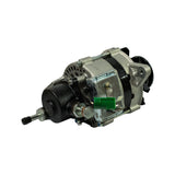 Three-quarter front-left view showing the vacuum pump housing on the drive end, alternator body, regulator end with green plug and B+ terminal, and general condition of the bare unit.