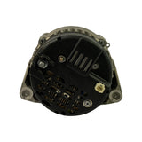 Direct rear face view showing full black plastic end cap with central ventilation grille, two mounting ears with round boss holes at lower left and lower right, B+ output stud at upper left, small beige 2-pin connector at centre-right, and moulded text reading MANDO and KOREA.