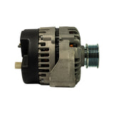 Three-quarter rear-right view showing opposite side from photo 3. Beige 2-pin connector visible at rear left. 6-rib serpentine pulley at right with raw steel finish. Cast aluminium mid-housing with open ventilation slots and copper stator windings visible.