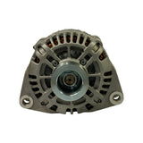 Direct front face view showing the 6-rib serpentine pulley centrally mounted, cast aluminium front housing with full circular ventilation opening revealing rotor, and two mounting ears at lower left and lower right with elongated pivot-slot and round boss hole.