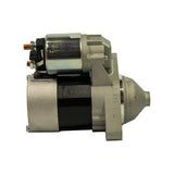 Opposite-side 3/4 view (solenoid at left) showing full length of motor body, armature housing with black winding wrap, and triangular mounting flange with two mounting holes.