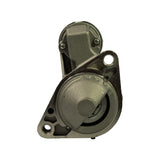 Pinion (nose) end face-on view. Three-hole triangular mounting flange with machined bolt faces. Sealed nose cone housing. Brush end cap with cross-pattern ribs and two bolts at rear.
