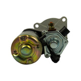 Commutator end view showing gold-zinc plated end cap with three Phillips screws; solenoid body with hexagonal cap and main terminal stud visible; three-hole flange mount plate at top
