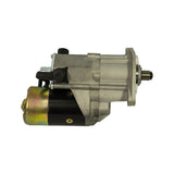 Opposite 3/4 angle showing solenoid switch body and electrical terminals; nose cone at right with pinion at rest; die-cast aluminium gear housing and black motor can