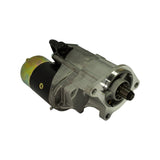 3/4 angle from drive end showing pinion and nose cone; motor can, solenoid cap, and external solenoid trigger wire visible; aluminium gear housing
