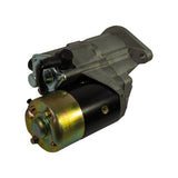 Opposite 3/4 angle from commutator end; gold-zinc plated end cap, solenoid body with main terminal, and full profile of gear housing visible; condition appears uninstalled