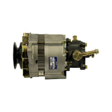 Left side view of alternator. Black V-groove pulley at left, slip-ring vacuum pump housing at right showing three brass ports: oil inlet barb centre, vacuum outlet top, and oil return bottom. Blue OEX label with HXA055 and VBDB facing camera. Stator lamination fins fully visible.