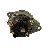 Slip-ring end face view. Black cast vacuum pump body with triangular three-port layout stamped '302'. Three-terminal B+ stud cluster at top, with threaded terminals and locknut. Two pivot/adjusting lug holes visible. Regulator terminal connector stub at left.