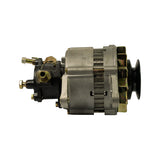 Opposite side profile view showing vacuum pump housing at left with all three port fittings (oil banjo, vacuum barb, return barb), stator body centre, and black V-groove pulley at right. Drive-end fan blades visible through vent apertures.