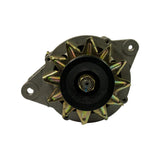 Drive-end face view showing twelve-blade zinc-plated cooling fan, circular black single V-groove pulley with centre nut, and two mounting ear tabs with holes at 3 and 9 o'clock. Stator housing hexagonal lamination band surrounds fan.