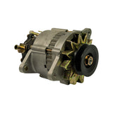 Right rear three-quarter view showing slip-ring vacuum pump housing prominently with oil supply banjo fitting and vacuum barb at top. Drive-end fan and black pulley visible at right. Lower pivot lug with hole shown at bottom-left.