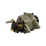 Left rear three-quarter view showing vacuum pump housing from rear-left angle with all three port fittings clearly visible. Multiple B+ terminal studs on regulator end cap. Full stator and both twin mounting ears visible.