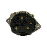 Rear end cap face-on view of BX510063. Black moulded plastic cover with BOSCH logo moulded at bottom. Four brass terminal studs with B+ and D+ labels. Concentric-ring ventilation slot pattern in cap. Two upper mounting ears of aluminium frame visible at periphery.