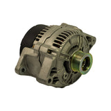 Three-quarter drive-end view of BX510063 from front-right angle. Front frame casting and lower mounting pivot boss prominent. Black plastic rear end cap visible at left. Five-groove pulley at right. Copper stator windings visible through ventilation gaps in stator housing.