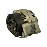 Rear-biased three-quarter view of BX510063. Black moulded rear cap with BOSCH logo moulded text visible. D+ and B+ terminal labels on cap face with multiple brass terminal studs. Front frame drive-end bracket and lower pivot lug visible at right.