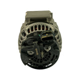 Drive-end view of alternator removed from box, showing large 8-groove multi-ribbed pulley in bare metal finish, front bracket with mounting ears, and black metal housing.