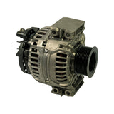 Three-quarter side view of full alternator body showing direct-mount bracket configuration, overall cylindrical housing with cast aluminium casing, no vacuum pump attachment.