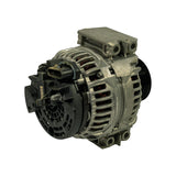 Opposite side three-quarter view confirming direct fastening bracket, fan-ventilated housing, and clockwise-rotation orientation of pulley relative to terminal positions.