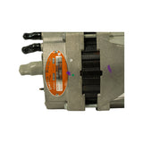 Close-up of Delco Remy orange oval data plate on housing. Text readable: 'Delco Remy / SERIES 23SI / TYPE [field] / MODEL 19011019 / SERIAL 05302 / VOLTS 24 / GRD NEG / AMPS 70 / ASSEMBLED IN MEXICO'. Three black-booted lead terminals and one grey boot visible at top-left. Purple and green QC paint-dot marks on housing.
