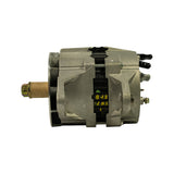 Side profile, opposite side from photo 3, showing drive-end shaft (paper-wrapped, gold-plated nut) at left and three terminal boots (two black, one grey) at right rear. Yellow/black QC label strip across stator mid-section. Pad-mount face partially visible at rear right.