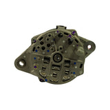 Rear pad-mount face on, showing rectangular mounting pad with multiple tapped holes, 'Delco Remy' cast text on housing, rectifier assembly with six diode blocks visible through openings, QC paint-dots in blue, white and purple, two mounting bolt holes at left and right ears. 'FRD' cast marking visible lower left.