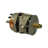 Three-quarter view from drive-end and slightly above, data plate visible mid-housing, drive-end pulley-mount disc visible at right with torque spec markings around edge. Terminals at left rear. QC dots on housing surface. Full alternator profile showing overall proportions.