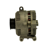 Side profile showing drive-end housing, serpentine pulley, top mounting ear with round hole, and full casting code 210-5210 on stator band. Rectifier/regulator end visible at right.