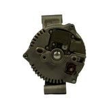Rear (rectifier/regulator) end face showing integral voltage regulator module with moulded legend 'GROUND HERE TO TEST', A-S-I terminal connector plug, B+ output stud with red insulator cap, and fan cooling slots around perimeter.