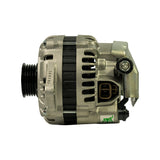 Direct side profile showing pulley side on left and rear housing on right; 'CR10F1' marking clearly readable on stator body; black multi-groove serpentine pulley with centre nut; brown 2-pin connector and green quality sticker on rear end cap; mounting lug visible lower right.