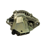 Rear/drive-end view showing internal fan vanes through housing slots; voltage regulator cover plate with multiple screws; mounting ears with through-holes and one hex-socket pivot point; B+ terminal with rubber boot and nut at left; no brand markings visible on this face.