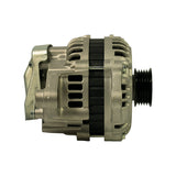 Opposite side profile (regulator side facing camera); rectangular mounting bracket lug prominent on left; stator housing ventilation slots along body; black serpentine pulley partially visible on right; clean unpainted cast aluminium finish throughout.